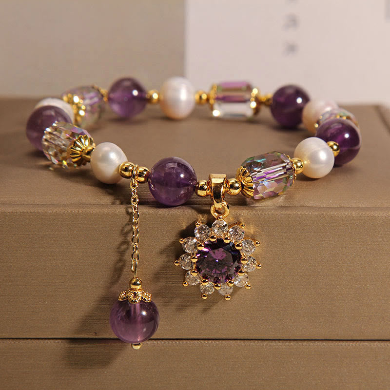 Wear FengShui Natural Amethyst Pearl Sunflower Communication Bracelet