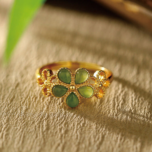 Wear FengShui Natural Hetian Jade 925 Sterling Silver Plated Gold Flower Adjustable Prosperity Ring
