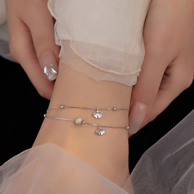 Wear FengShui 925 Sterling Silver Ginkgo Leaf Double Layer Protection Anklet