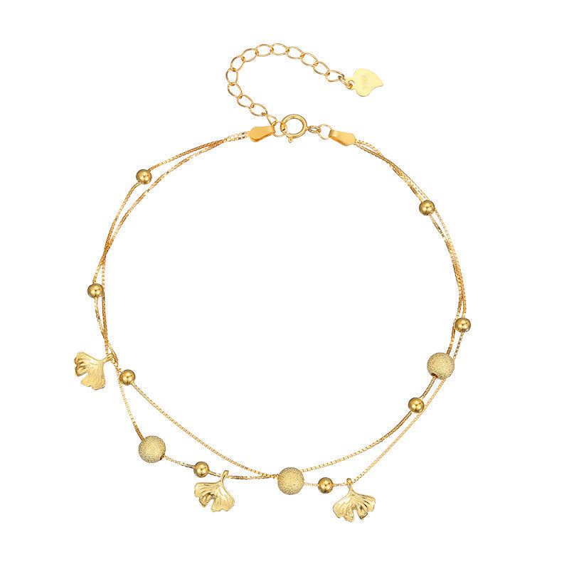 Wear FengShui 925 Sterling Silver Ginkgo Leaf Double Layer Protection Anklet