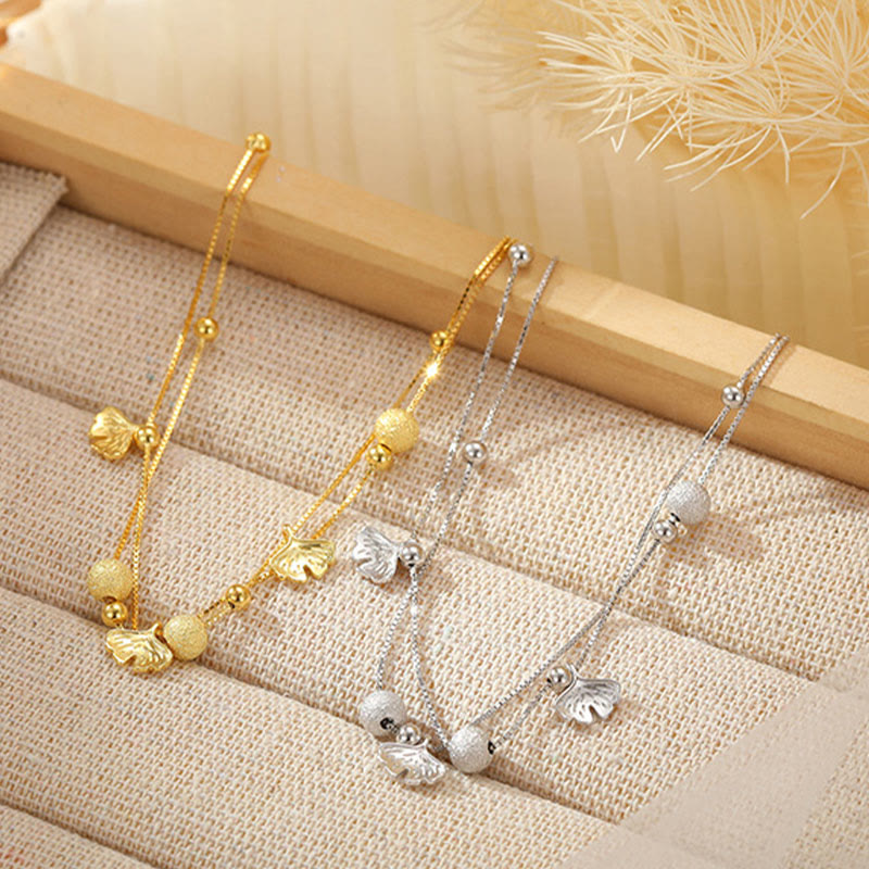 Wear FengShui 925 Sterling Silver Ginkgo Leaf Double Layer Protection Anklet