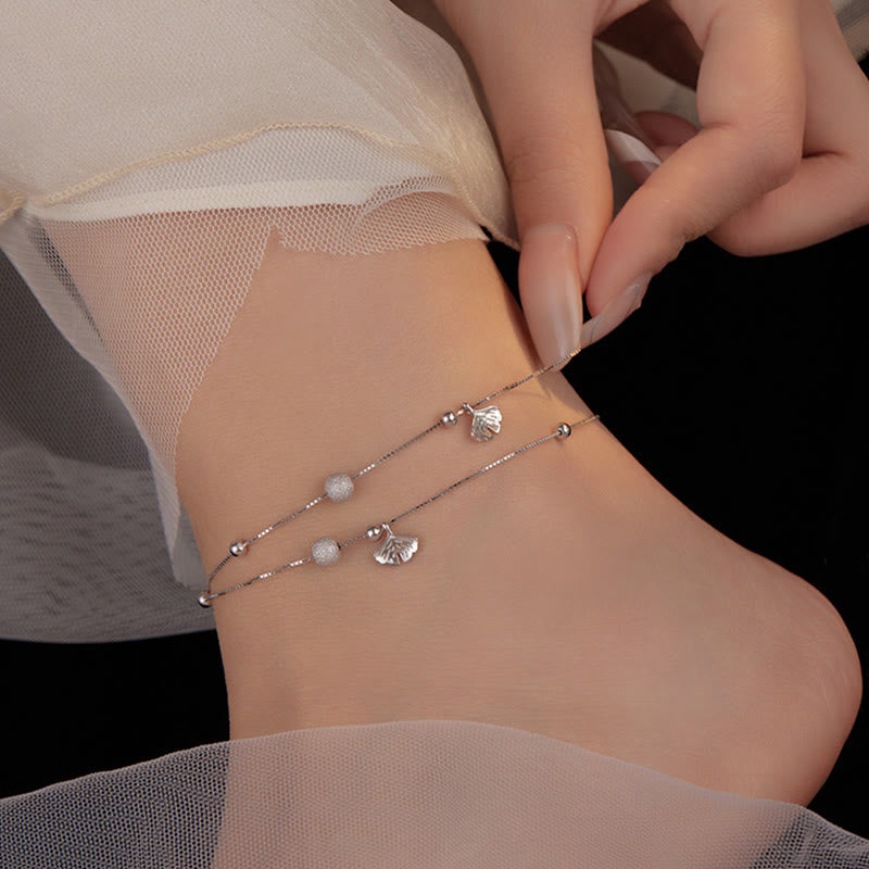 Wear FengShui 925 Sterling Silver Ginkgo Leaf Double Layer Protection Anklet
