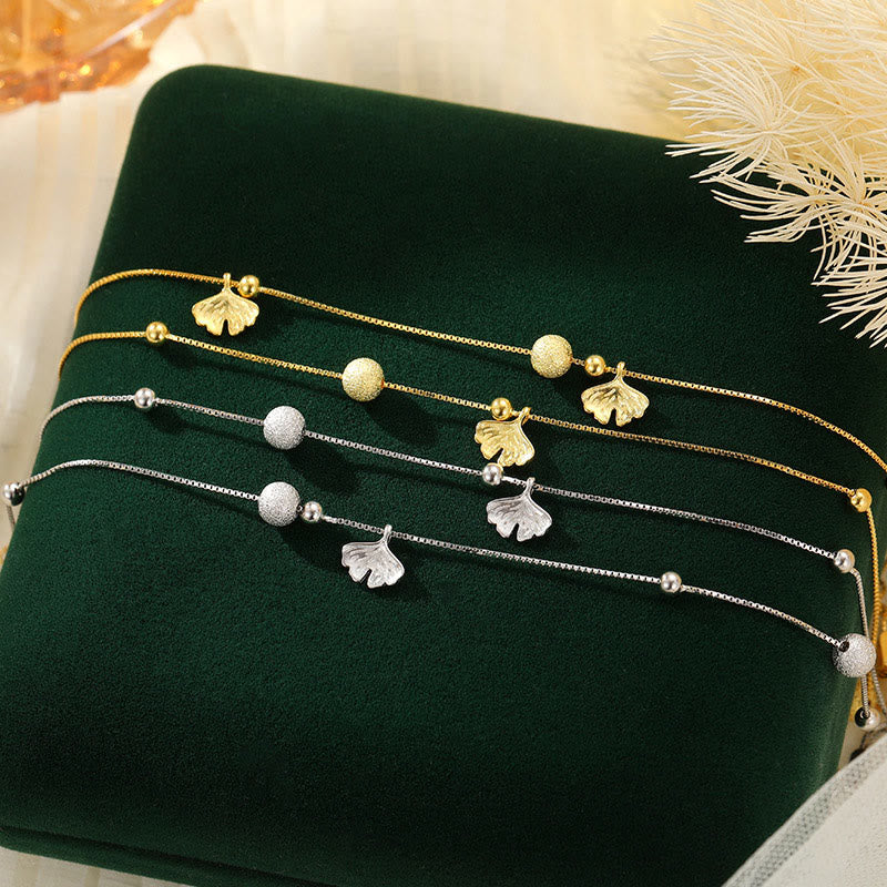 Wear FengShui 925 Sterling Silver Ginkgo Leaf Double Layer Protection Anklet