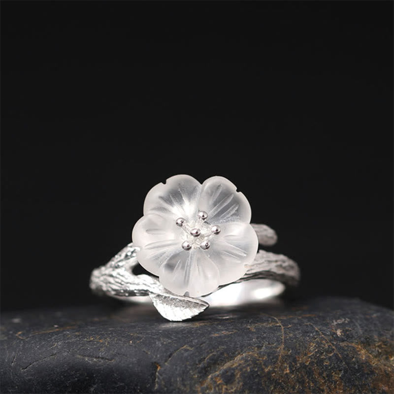 Wear FengShui 925 Sterling Silver White Crystal Skeleton Flower Adjustable Healing Ring