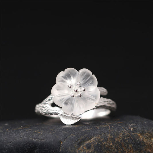 Wear FengShui 925 Sterling Silver White Crystal Skeleton Flower Adjustable Healing Ring