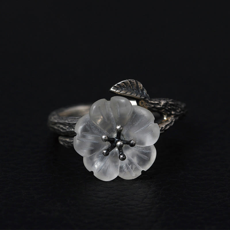 Wear FengShui 925 Sterling Silver White Crystal Skeleton Flower Adjustable Healing Ring