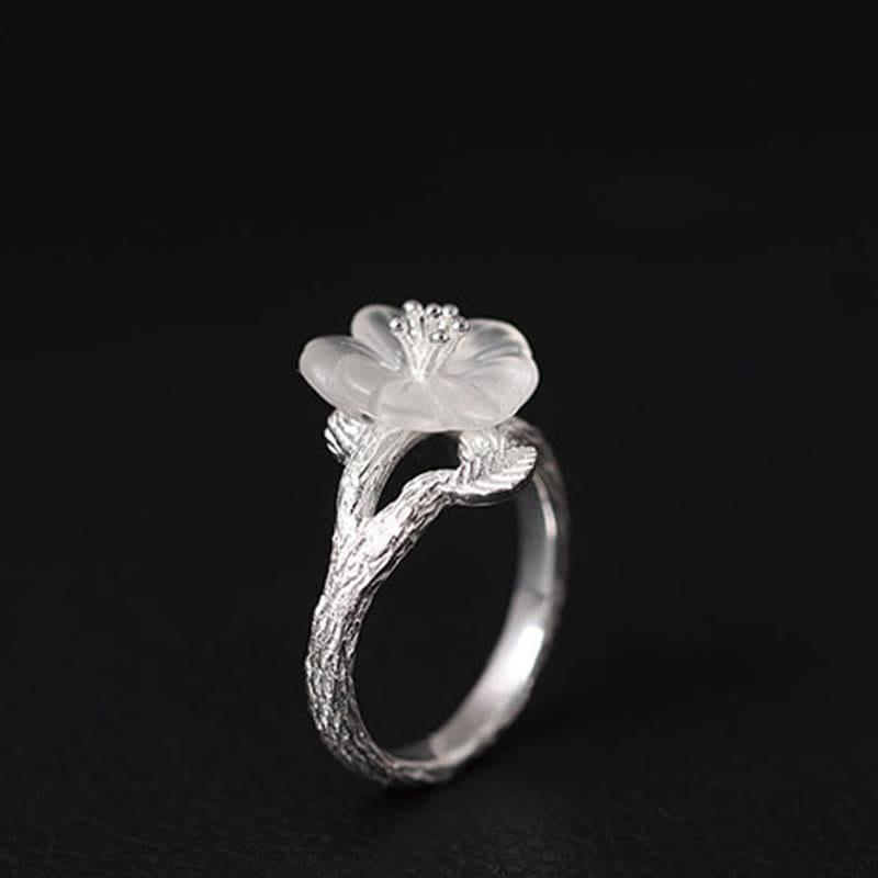 Wear FengShui 925 Sterling Silver White Crystal Skeleton Flower Adjustable Healing Ring