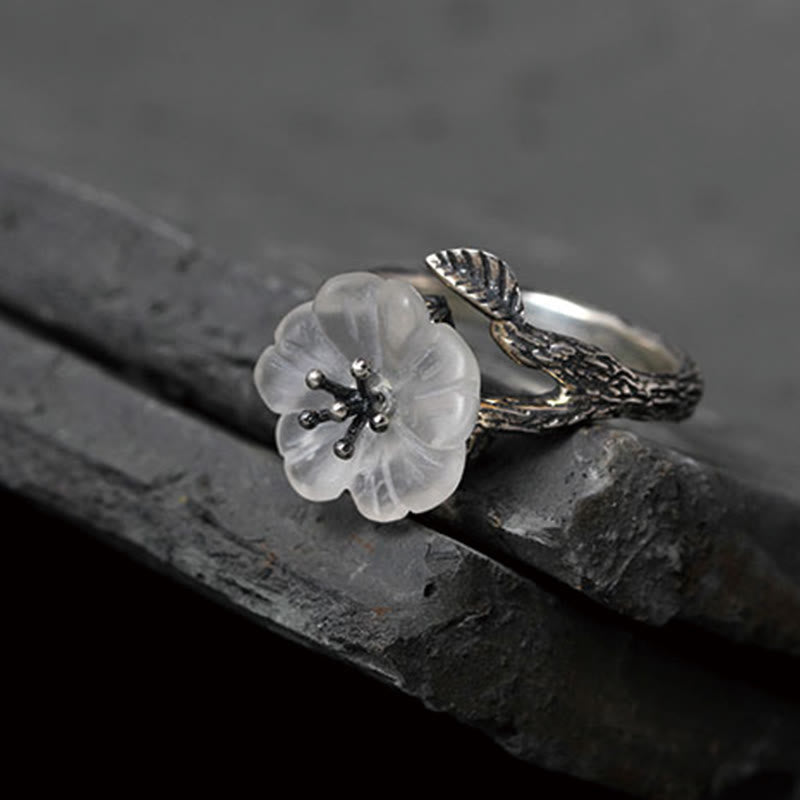 Wear FengShui 925 Sterling Silver White Crystal Skeleton Flower Adjustable Healing Ring