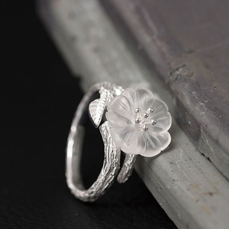 Wear FengShui 925 Sterling Silver White Crystal Skeleton Flower Adjustable Healing Ring