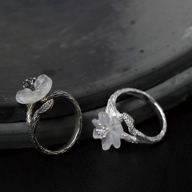 Wear FengShui 925 Sterling Silver White Crystal Skeleton Flower Adjustable Healing Ring