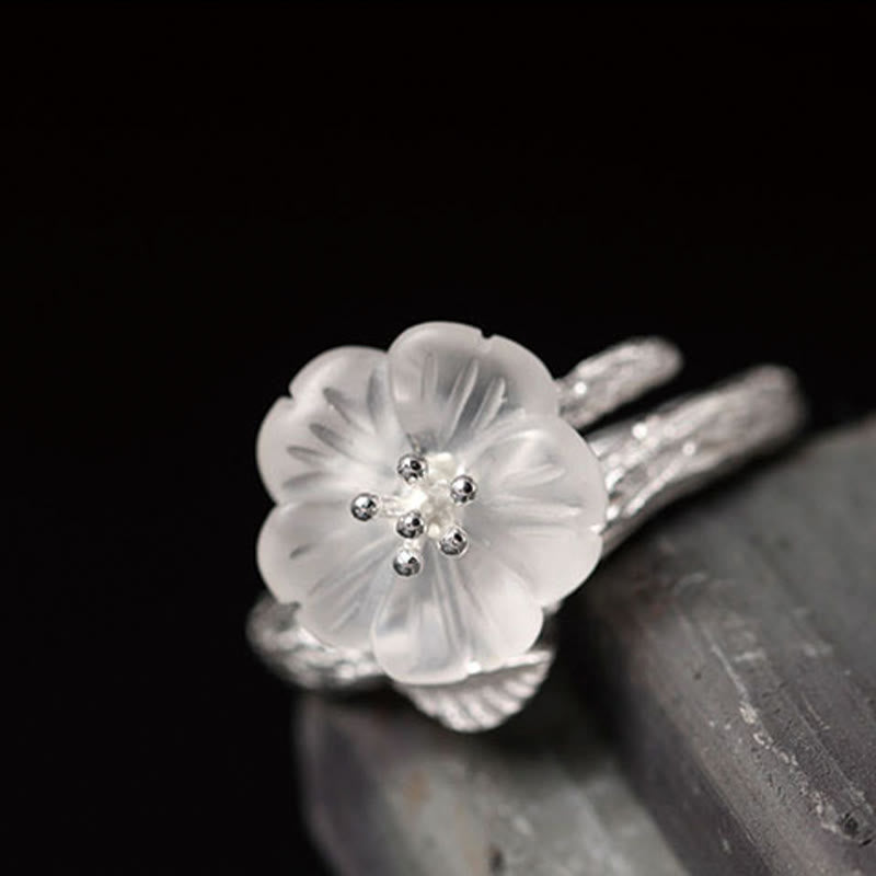 Wear FengShui 925 Sterling Silver White Crystal Skeleton Flower Adjustable Healing Ring