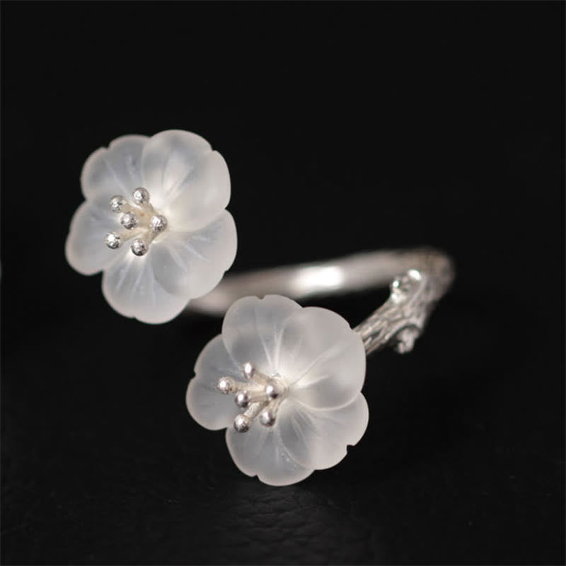Wear FengShui 925 Sterling Silver White Crystal Double Plum Blossom Flower Adjustable Protection Ring