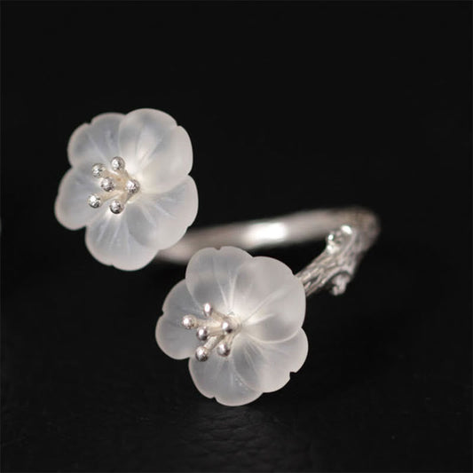 Wear FengShui 925 Sterling Silver White Crystal Double Plum Blossom Flower Adjustable Protection Ring