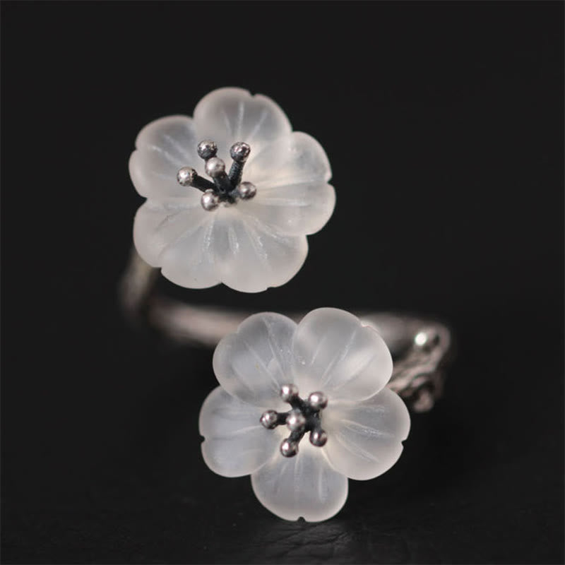 Wear FengShui 925 Sterling Silver White Crystal Double Plum Blossom Flower Adjustable Protection Ring