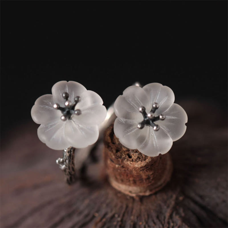 Wear FengShui 925 Sterling Silver White Crystal Double Plum Blossom Flower Adjustable Protection Ring
