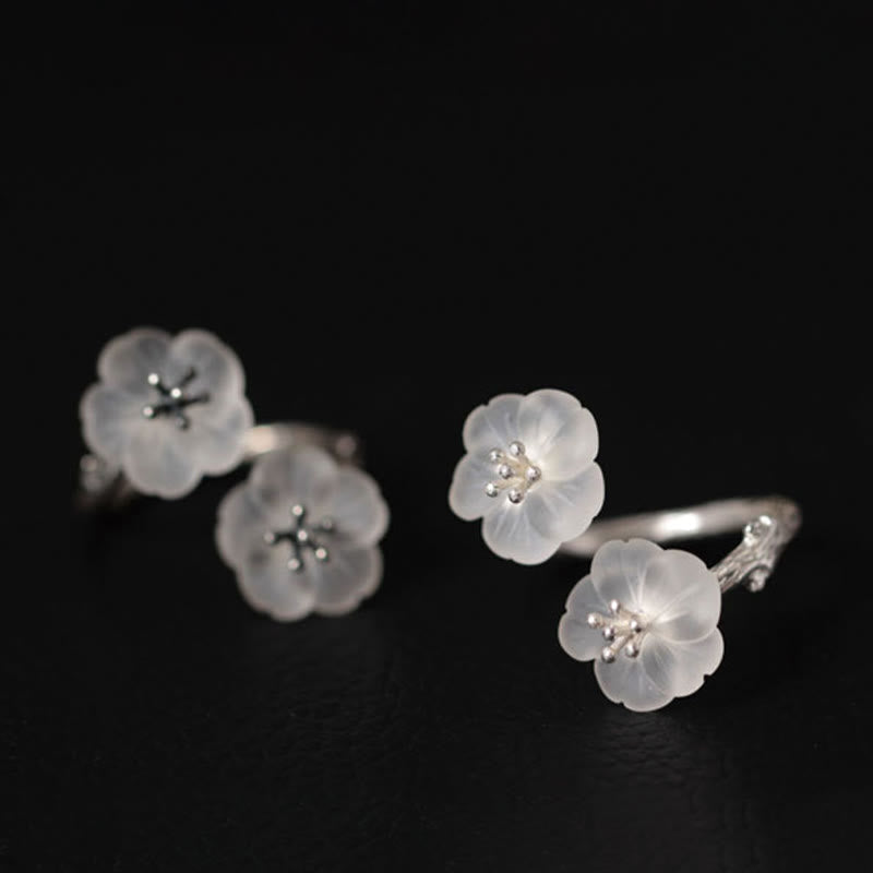 Wear FengShui 925 Sterling Silver White Crystal Double Plum Blossom Flower Adjustable Protection Ring