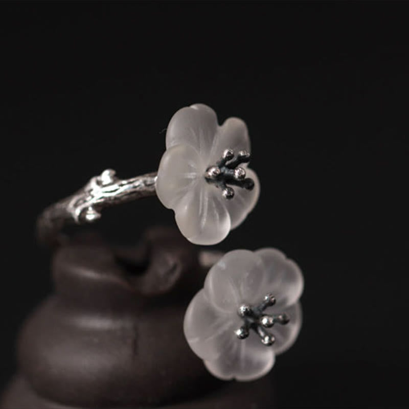 Wear FengShui 925 Sterling Silver White Crystal Double Plum Blossom Flower Adjustable Protection Ring