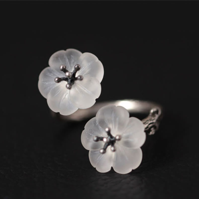 Wear FengShui 925 Sterling Silver White Crystal Double Plum Blossom Flower Adjustable Protection Ring