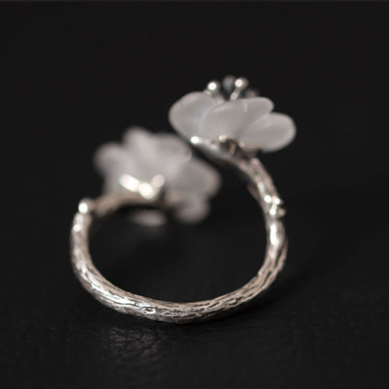 Wear FengShui 925 Sterling Silver White Crystal Double Plum Blossom Flower Adjustable Protection Ring