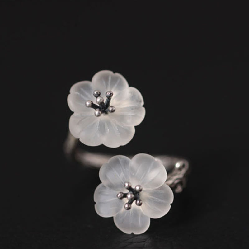 Wear FengShui 925 Sterling Silver White Crystal Double Plum Blossom Flower Adjustable Protection Ring