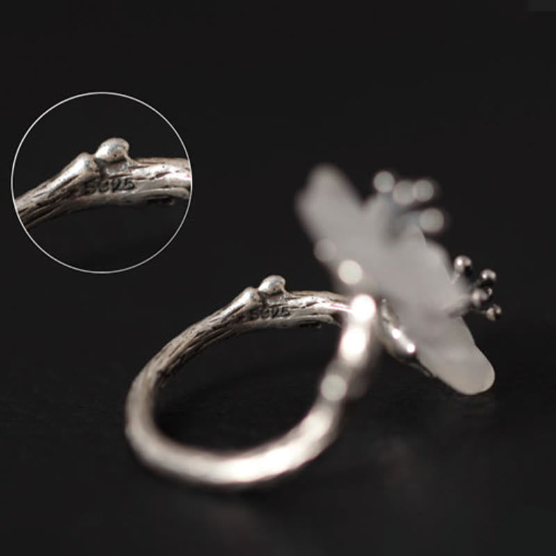 Wear FengShui 925 Sterling Silver White Crystal Double Plum Blossom Flower Adjustable Protection Ring