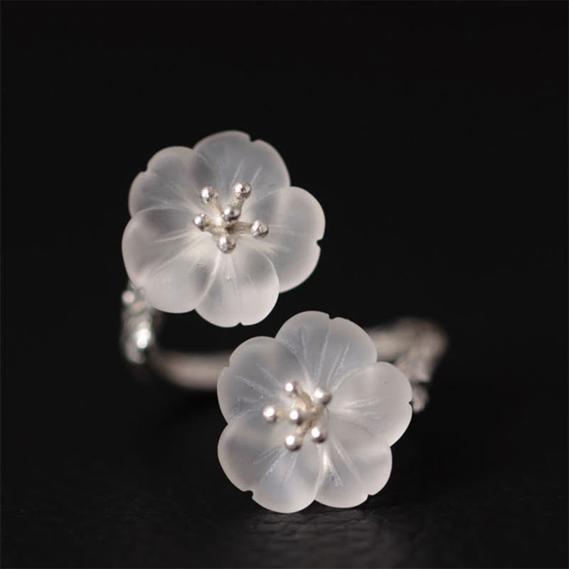 Wear FengShui 925 Sterling Silver White Crystal Double Plum Blossom Flower Adjustable Protection Ring