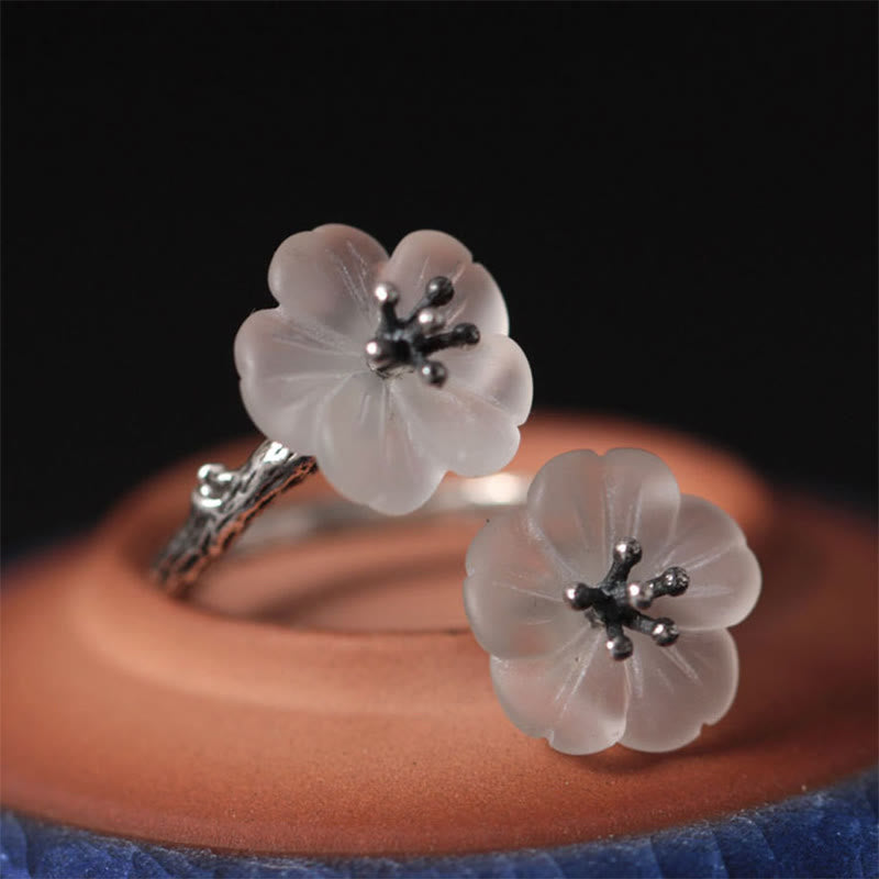 Wear FengShui 925 Sterling Silver White Crystal Double Plum Blossom Flower Adjustable Protection Ring