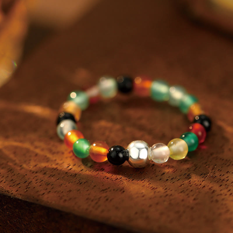 Wear FengShui 925 Sterling Silver Crystal Beads White Jade Black Onyx Blessing Elastic Ring