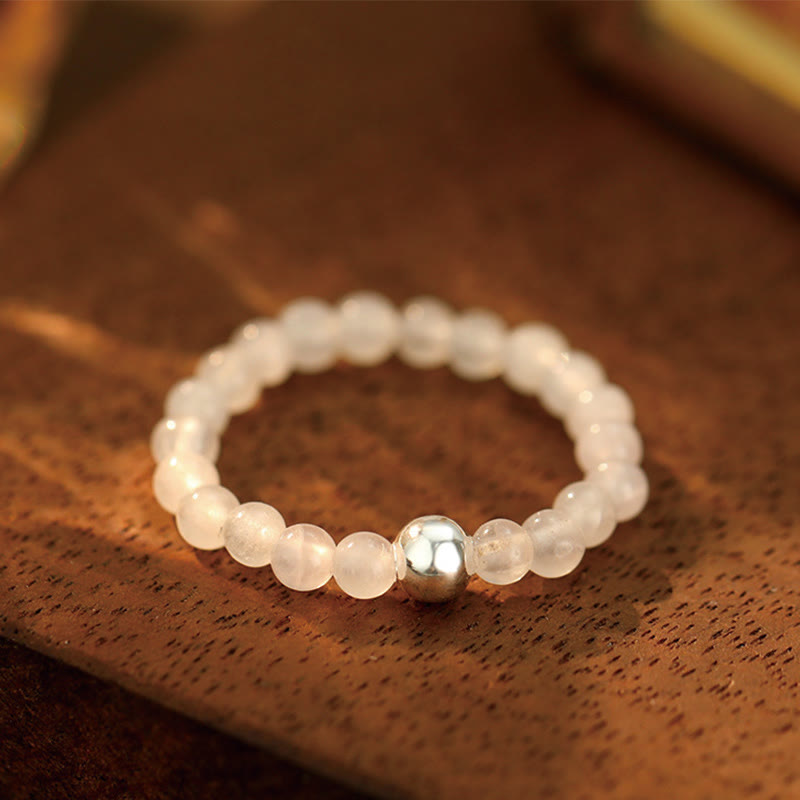 Wear FengShui 925 Sterling Silver Crystal Beads White Jade Black Onyx Blessing Elastic Ring