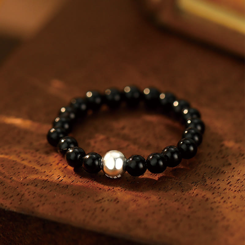 Wear FengShui 925 Sterling Silver Crystal Beads White Jade Black Onyx Blessing Elastic Ring