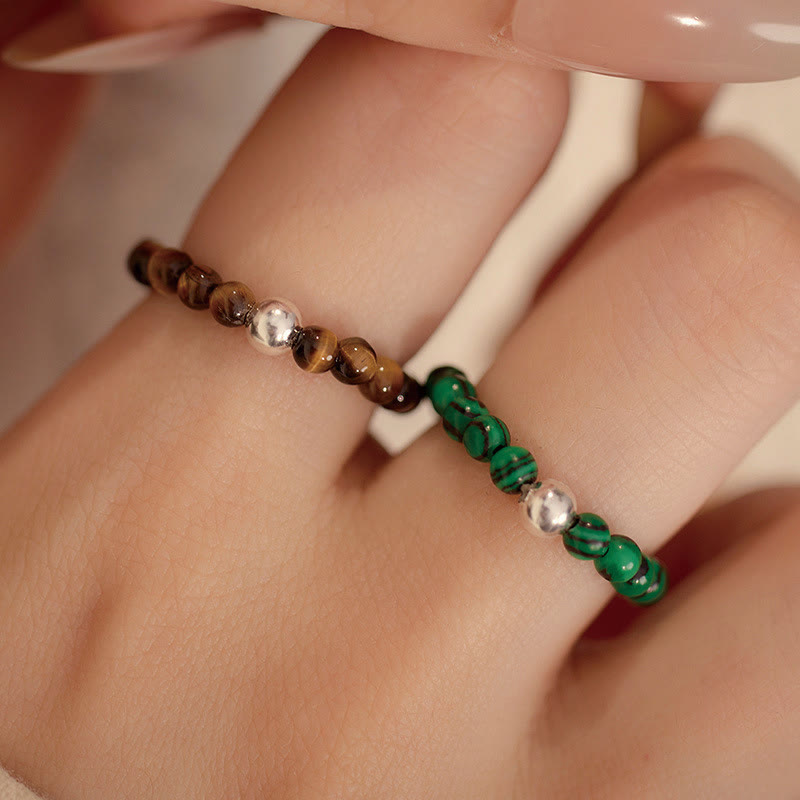 Wear FengShui 925 Sterling Silver Crystal Beads White Jade Black Onyx Blessing Elastic Ring