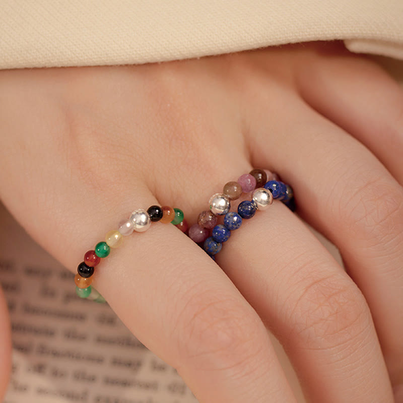 Wear FengShui 925 Sterling Silver Crystal Beads White Jade Black Onyx Blessing Elastic Ring