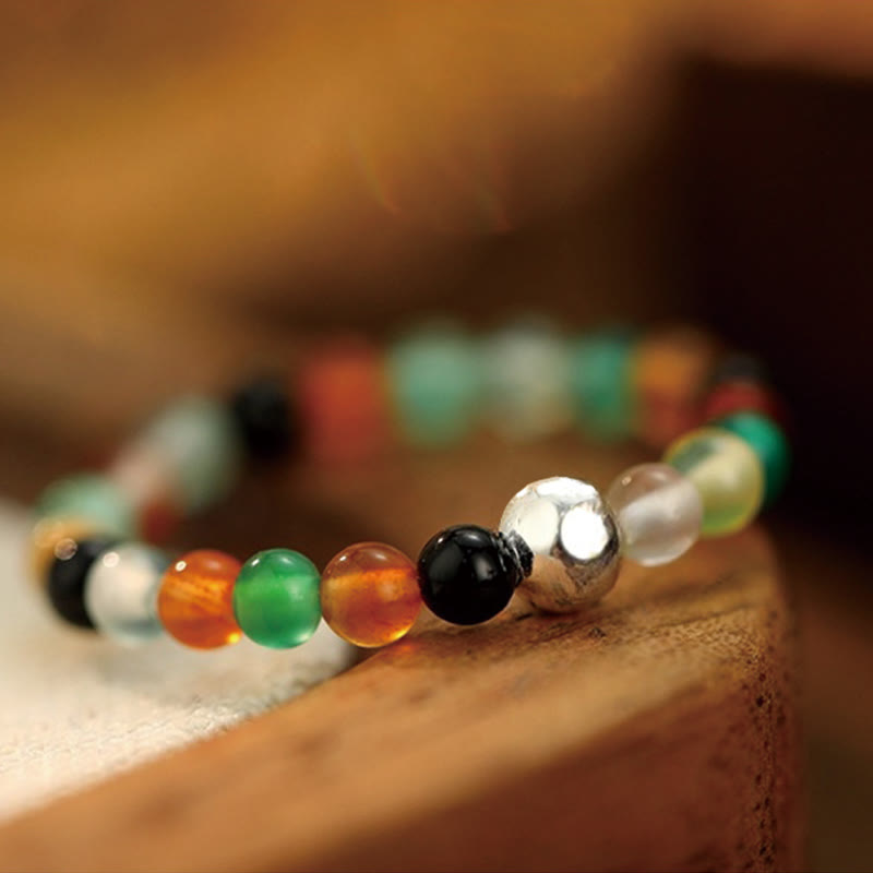 Wear FengShui 925 Sterling Silver Crystal Beads White Jade Black Onyx Blessing Elastic Ring