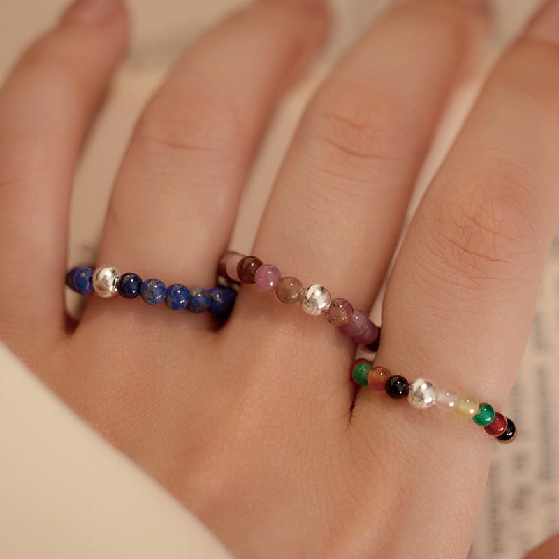 Wear FengShui 925 Sterling Silver Crystal Beads White Jade Black Onyx Blessing Elastic Ring