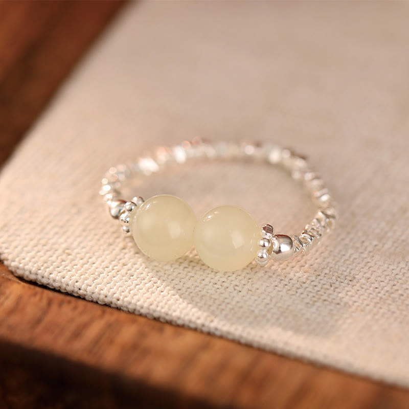 Wear FengShui 925 Sterling Silver Natural Small Hetian Jade Bead Luck Elastic Ring