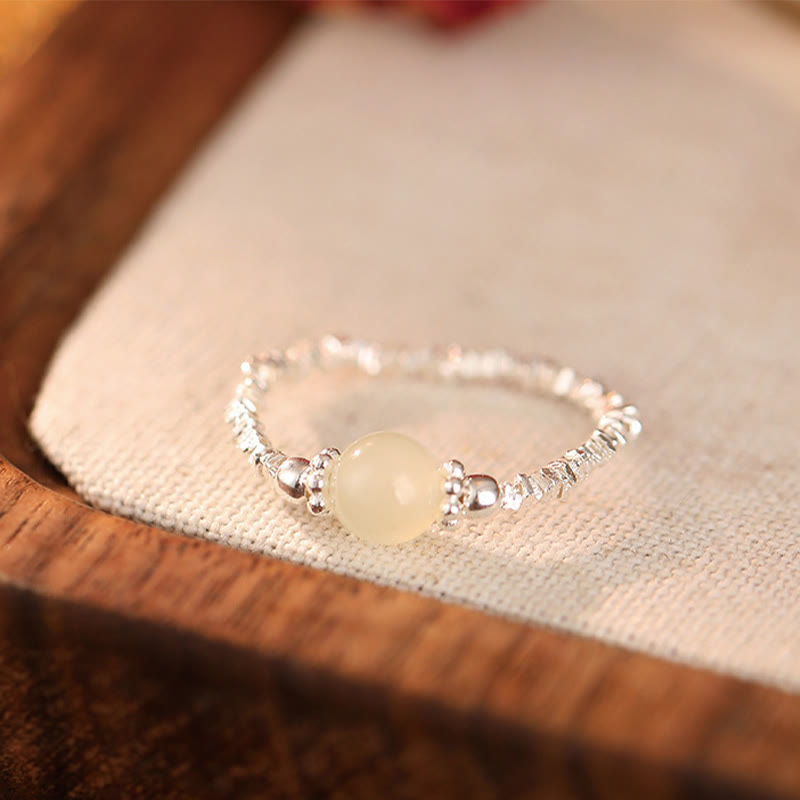 Wear FengShui 925 Sterling Silver Natural Small Hetian Jade Bead Luck Elastic Ring