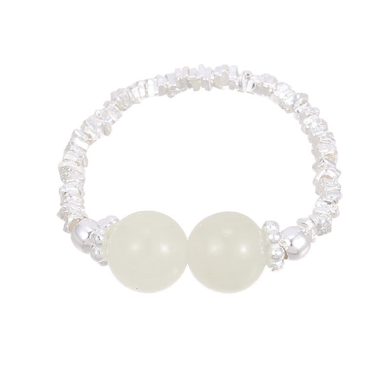 Wear FengShui 925 Sterling Silver Natural Small Hetian Jade Bead Luck Elastic Ring