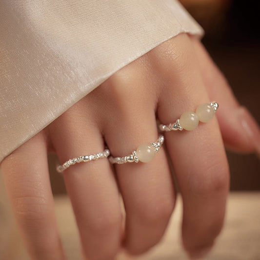 Wear FengShui 925 Sterling Silver Natural Small Hetian Jade Bead Luck Elastic Ring