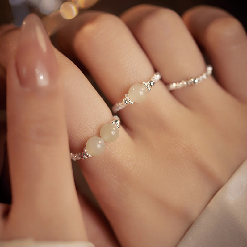 Wear FengShui 925 Sterling Silver Natural Small Hetian Jade Bead Luck Elastic Ring