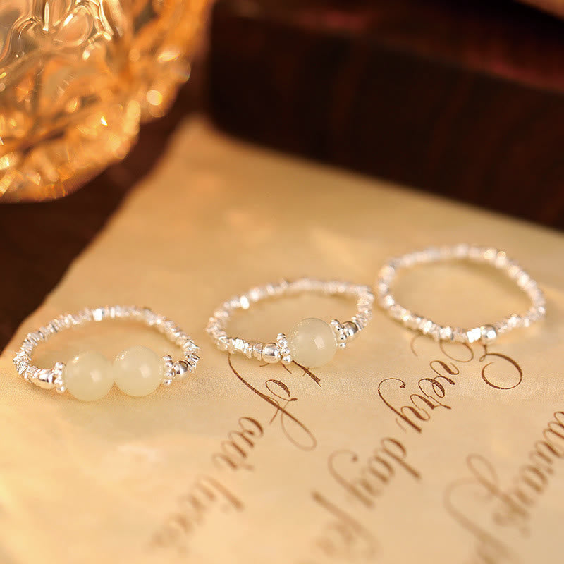Wear FengShui 925 Sterling Silver Natural Small Hetian Jade Bead Luck Elastic Ring