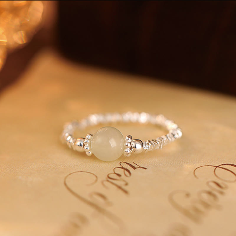 Wear FengShui 925 Sterling Silver Natural Small Hetian Jade Bead Luck Elastic Ring