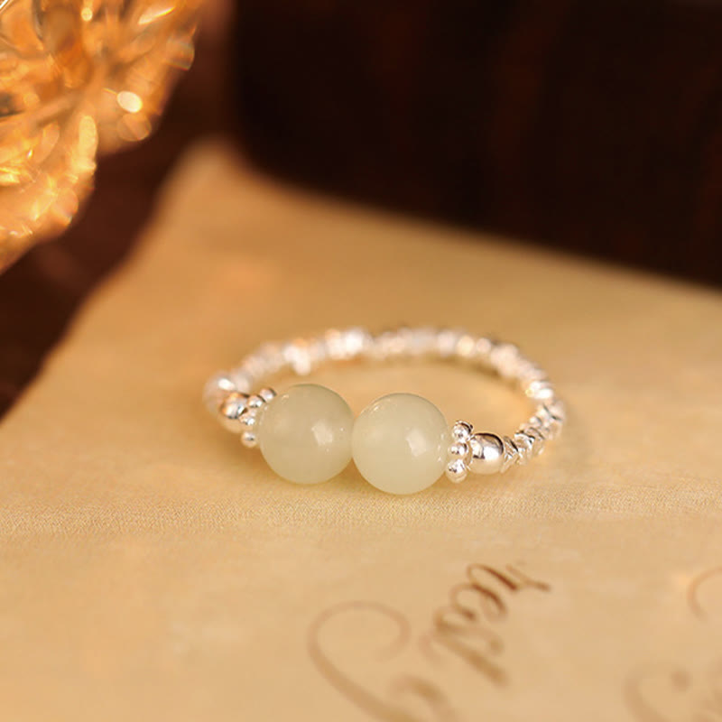 Wear FengShui 925 Sterling Silver Natural Small Hetian Jade Bead Luck Elastic Ring