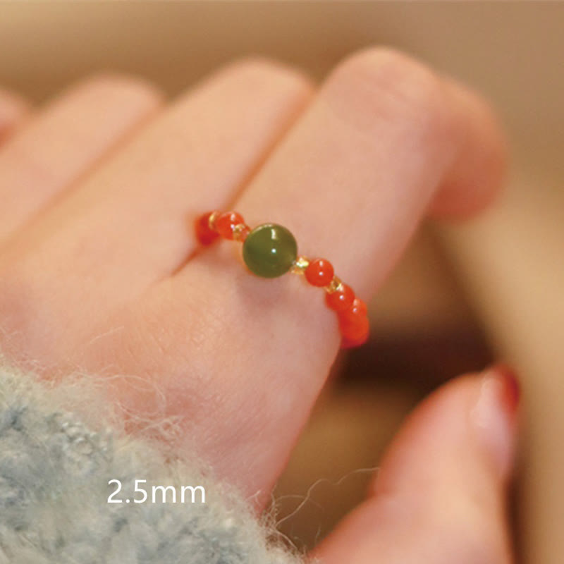Wear FengShui 925 Sterling Silver Natural Small Hetian Jade Red Agate Pearl Bead Prosperity Elastic Ring