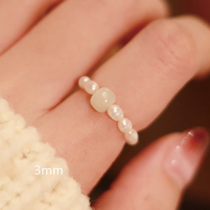 Wear FengShui 925 Sterling Silver Natural Small Hetian Jade Red Agate Pearl Bead Prosperity Elastic Ring