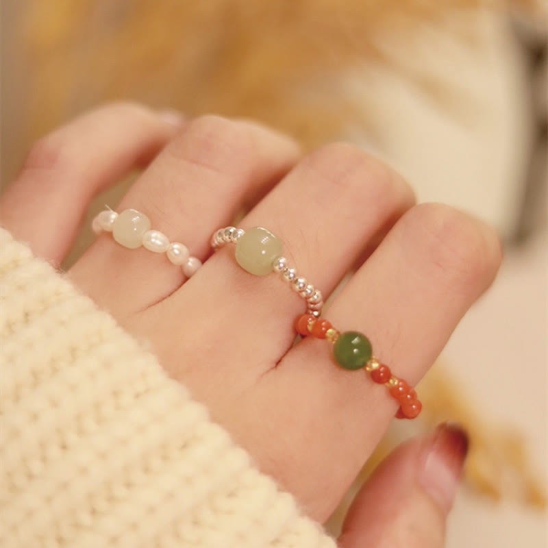 Wear FengShui 925 Sterling Silver Natural Small Hetian Jade Red Agate Pearl Bead Prosperity Elastic Ring
