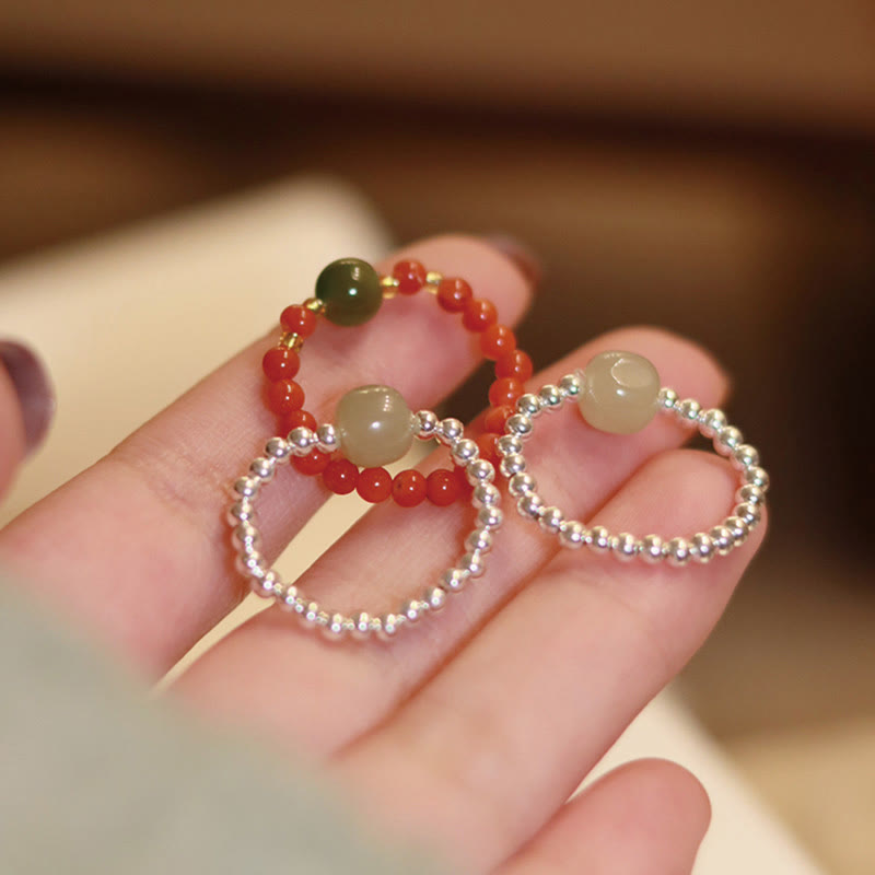 Wear FengShui 925 Sterling Silver Natural Small Hetian Jade Red Agate Pearl Bead Prosperity Elastic Ring