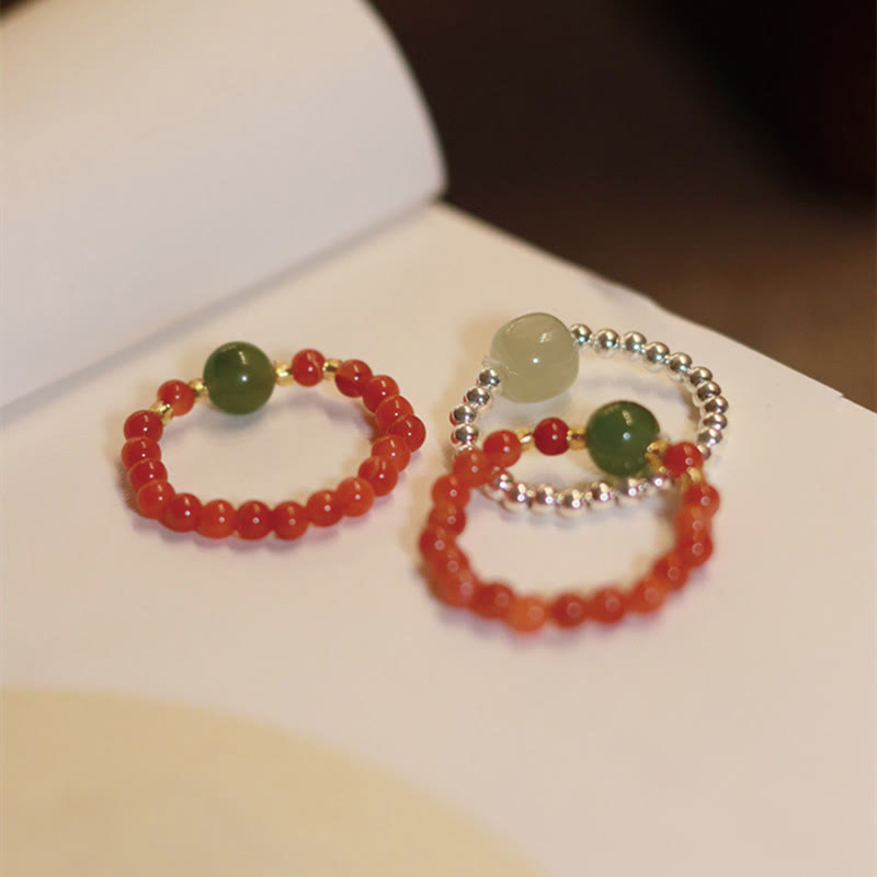 Wear FengShui 925 Sterling Silver Natural Small Hetian Jade Red Agate Pearl Bead Prosperity Elastic Ring