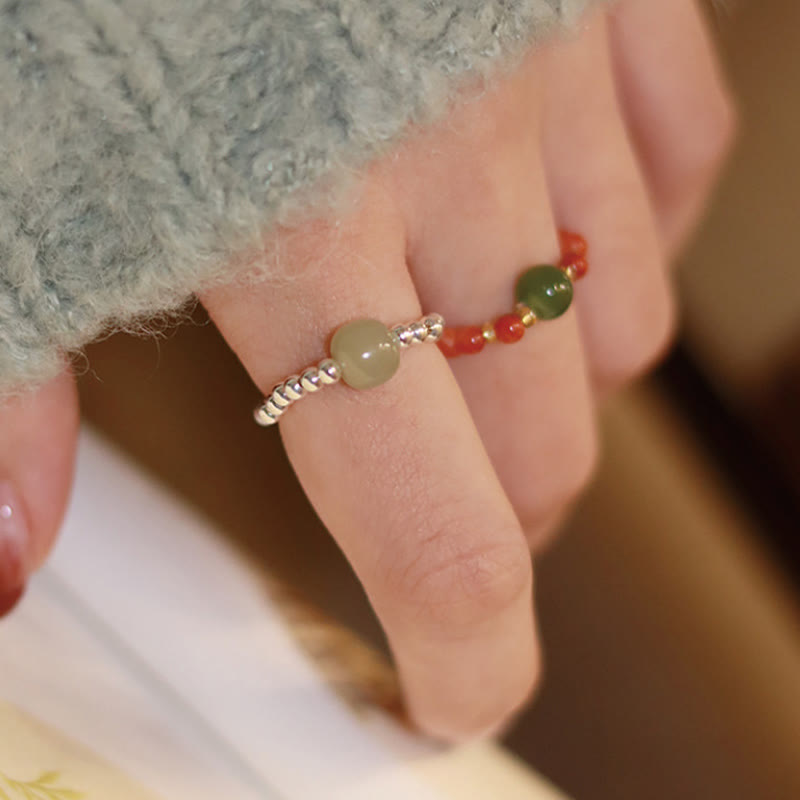 Wear FengShui 925 Sterling Silver Natural Small Hetian Jade Red Agate Pearl Bead Prosperity Elastic Ring