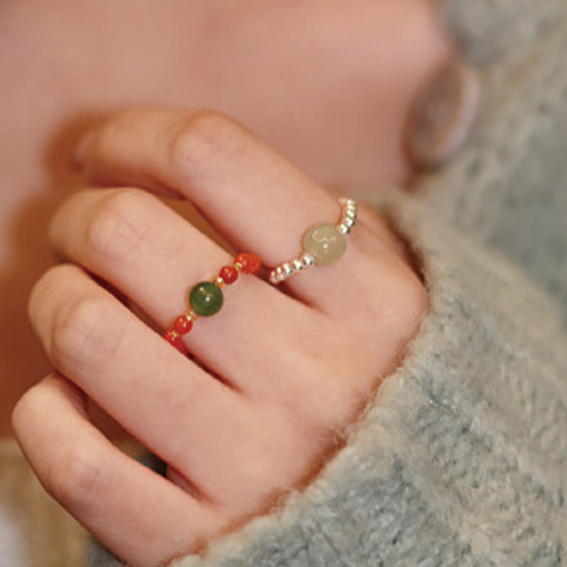 Wear FengShui 925 Sterling Silver Natural Small Hetian Jade Red Agate Pearl Bead Prosperity Elastic Ring