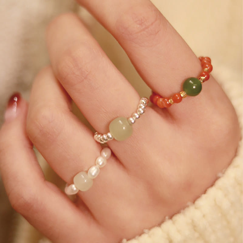 Wear FengShui 925 Sterling Silver Natural Small Hetian Jade Red Agate Pearl Bead Prosperity Elastic Ring